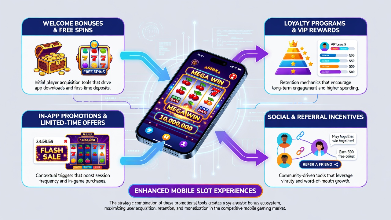 Infographic illustrating the flow from no-deposit bonuses through free spins, deposit matches, and loyalty rewards on mobile devices
