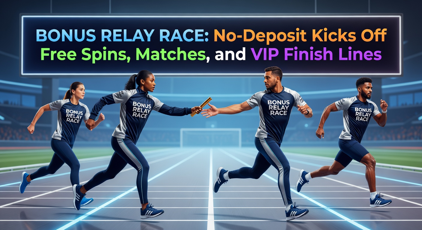 Illustration of a relay race baton passing from no-deposit bonuses to free spins, deposit matches, and VIP rewards in online slots gaming