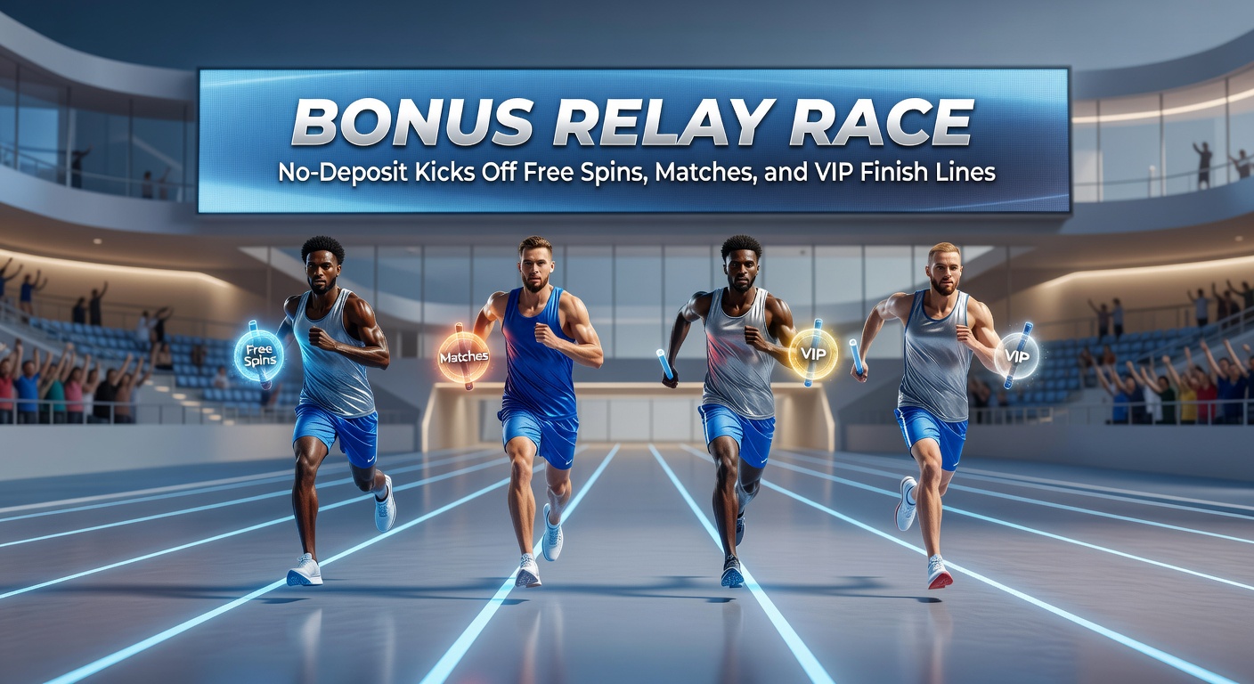 Dynamic graphic showing bonus progression: no-deposit to free spins explosion, deposit match acceleration, and VIP tier climb in a relay race motif