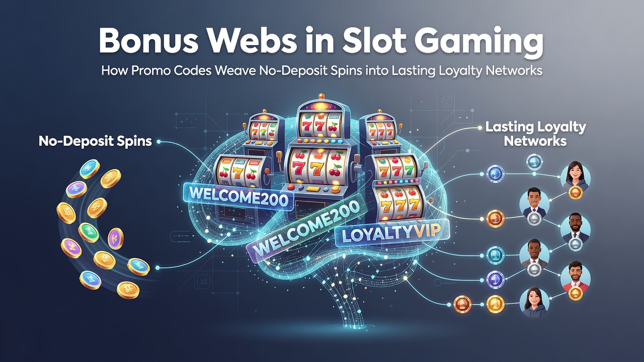 Diagram of slot gaming loyalty networks illustrating how promo codes connect free spins to long-term player retention systems