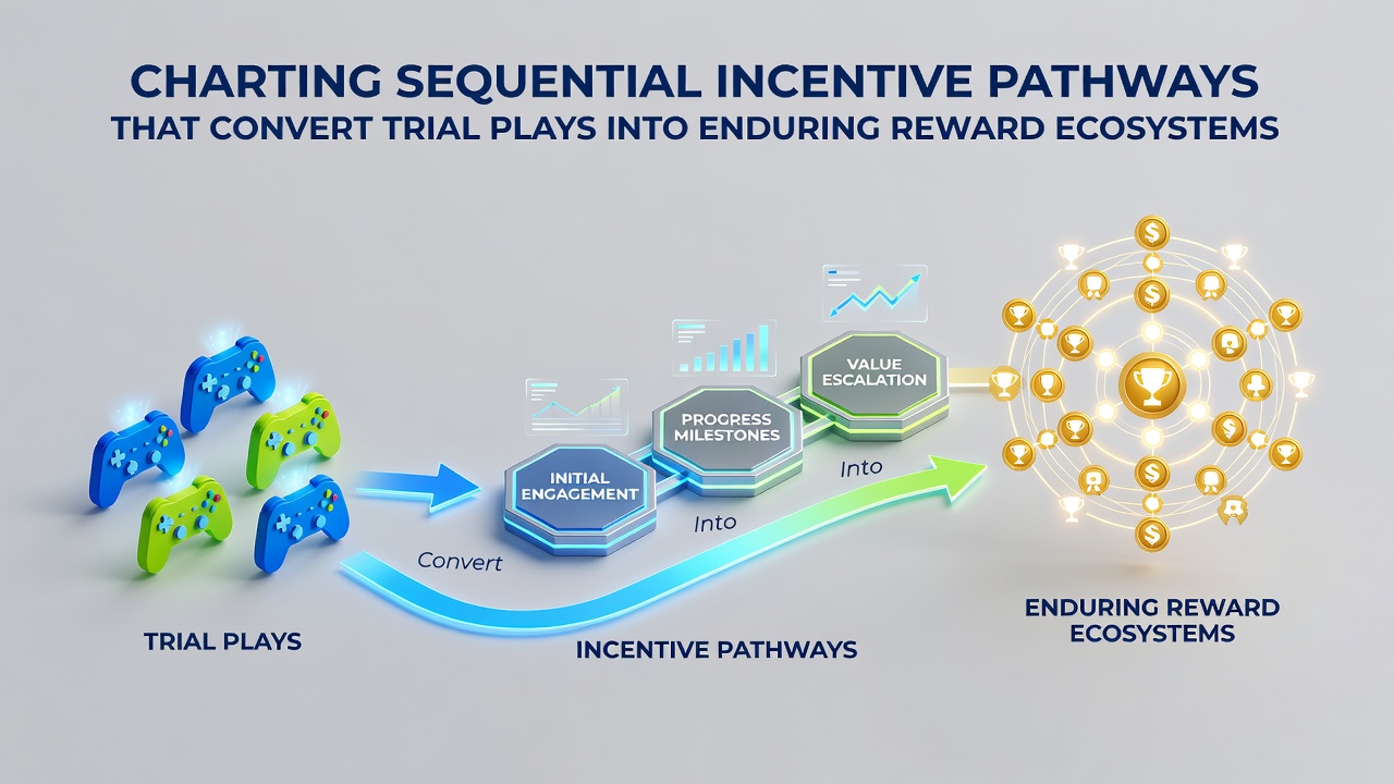 Diagram illustrating sequential incentive pathways from trial plays to loyalty ecosystems in digital gaming