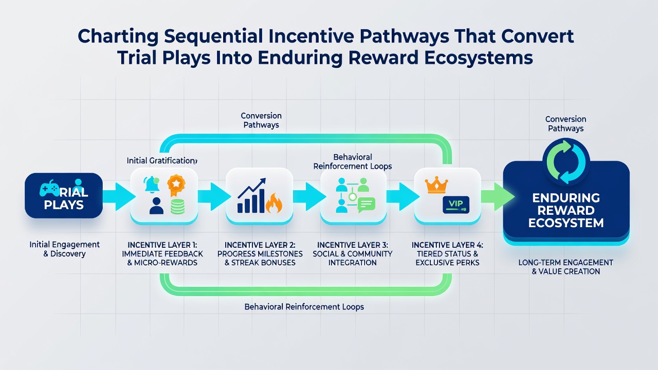 Flowchart showing progression from deposit matches through RTP features to VIP loyalty tiers