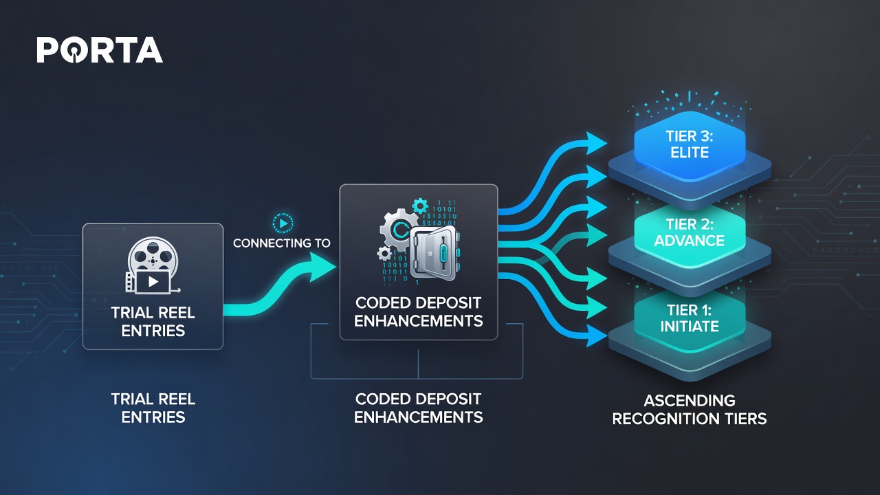 Progression chart illustrating how trial reel data flows into coded deposits and results in tier level increases on mobile devices