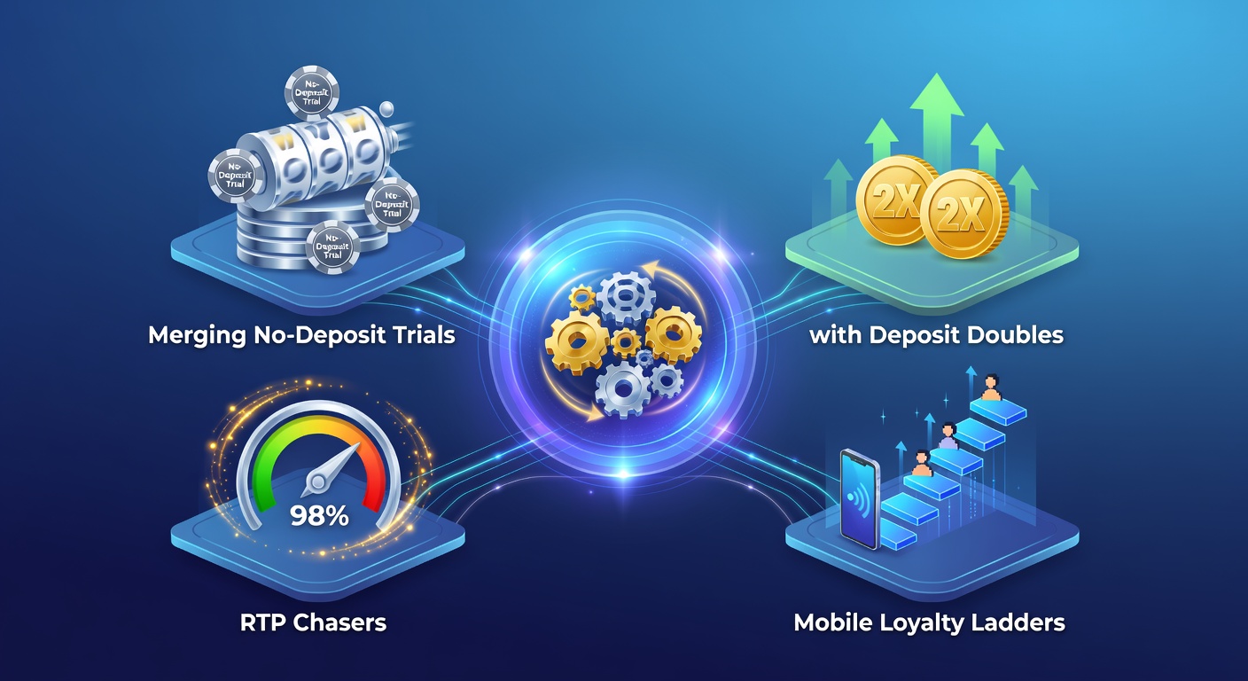Vibrant graphic showing swirling free spins merging into golden deposit bonuses and ascending loyalty ladders on a mobile screen