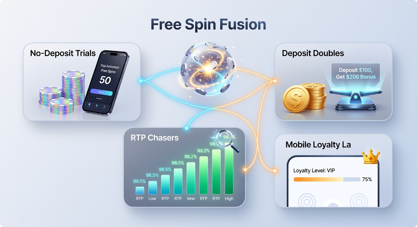 Dynamic illustration of a mobile phone displaying loyalty ladder progression from free spins to VIP tiers with RTP slot icons