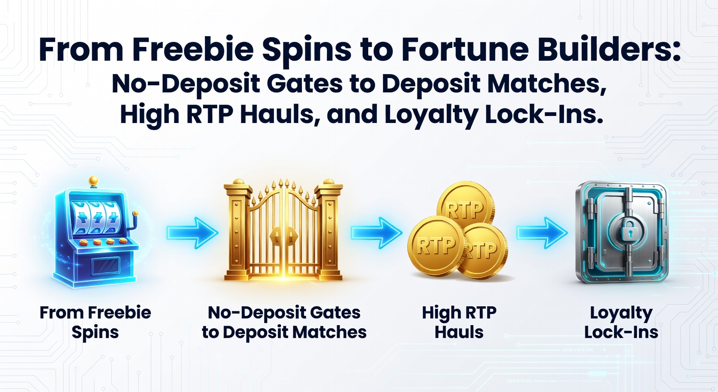 Vibrant online slot reels spinning with bonus icons overlayed on a pathway leading from free spin symbols to jackpot treasures and loyalty badges