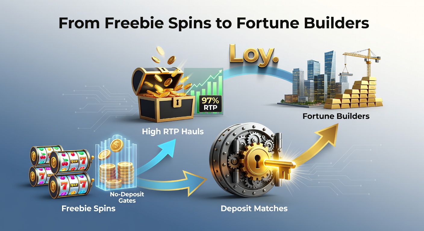 Golden slot machine jackpot exploding with coins, surrounded by icons of deposit match multipliers, high RTP percentages, and tiered loyalty ladders climbing to VIP status