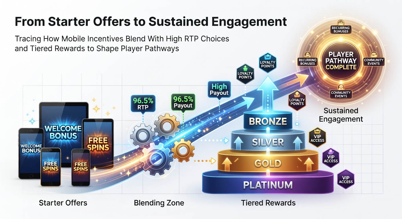 Mobile slot interface showing starter bonus offers transitioning into high RTP game selections and loyalty reward tiers
