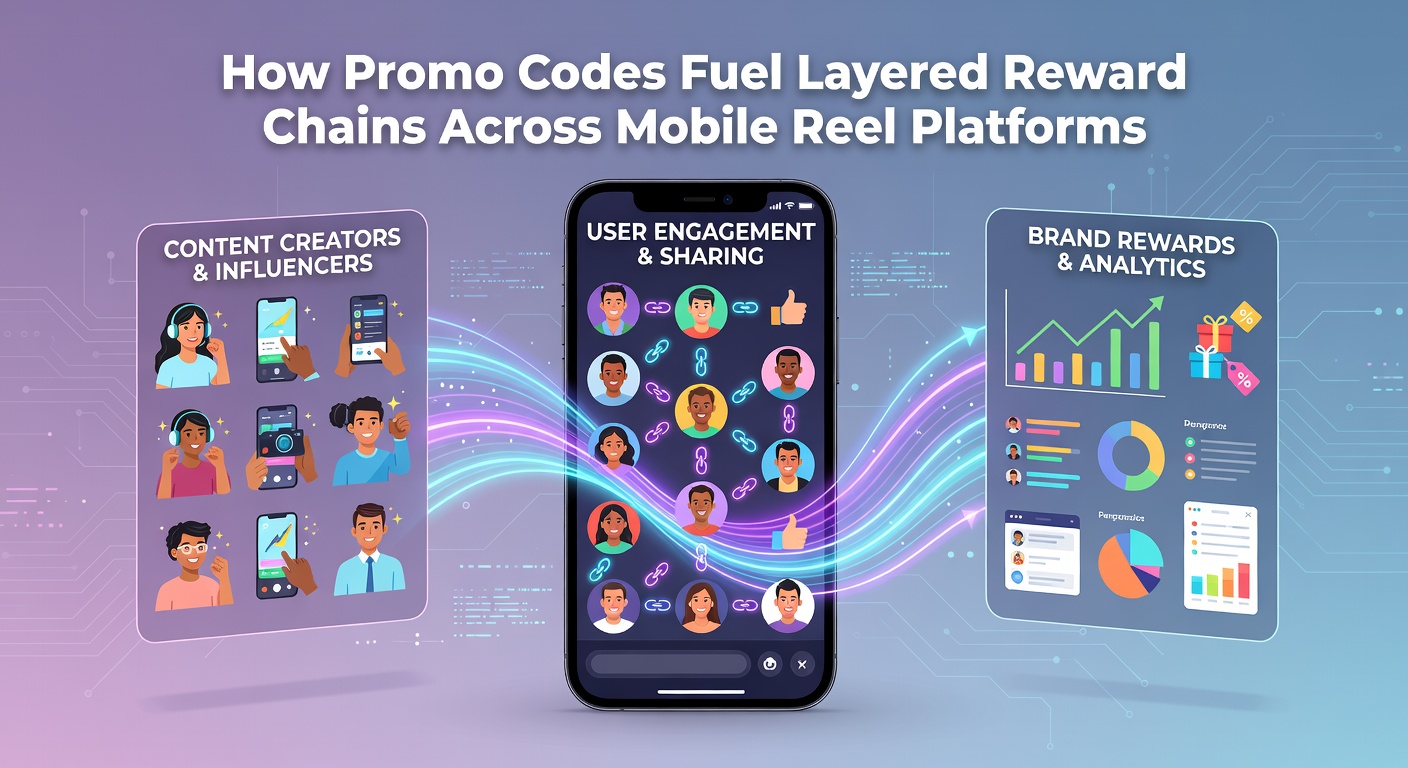 Mobile reel platform interface displaying layered promo code rewards and chain progression indicators