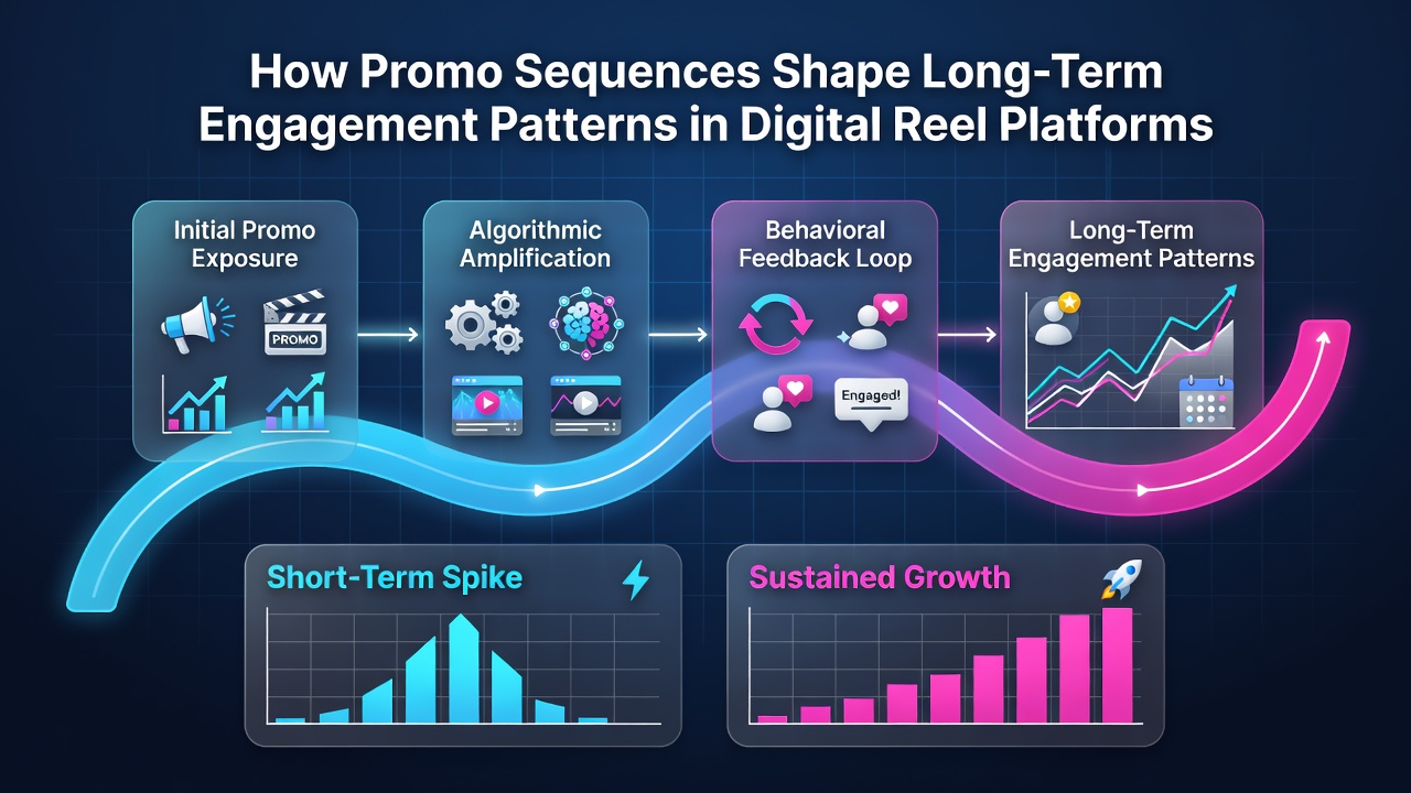 Analytics dashboard displaying long-term engagement graphs and promotional sequence impacts on reel platforms