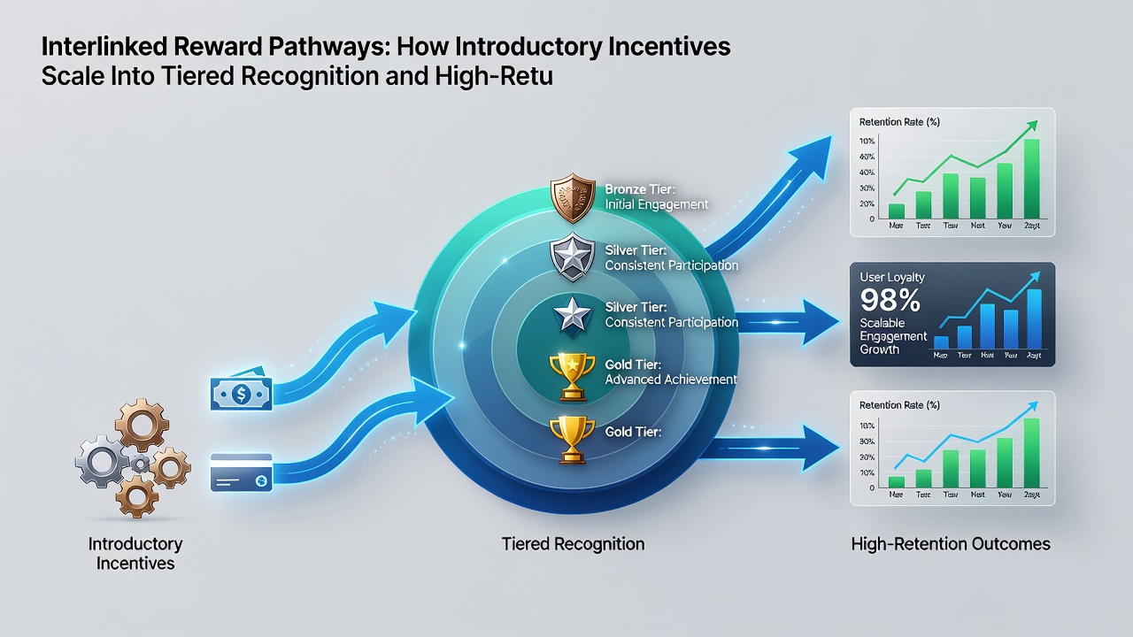Visual representation of tiered recognition levels connecting introductory incentives with high-return reel strategies across multiple digital platforms