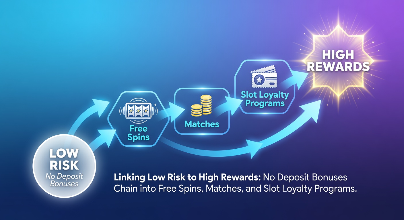 A vibrant slot machine display showing cascading bonuses from no-deposit offers evolving into free spins and loyalty rewards, with glowing reels and reward ladders in the background
