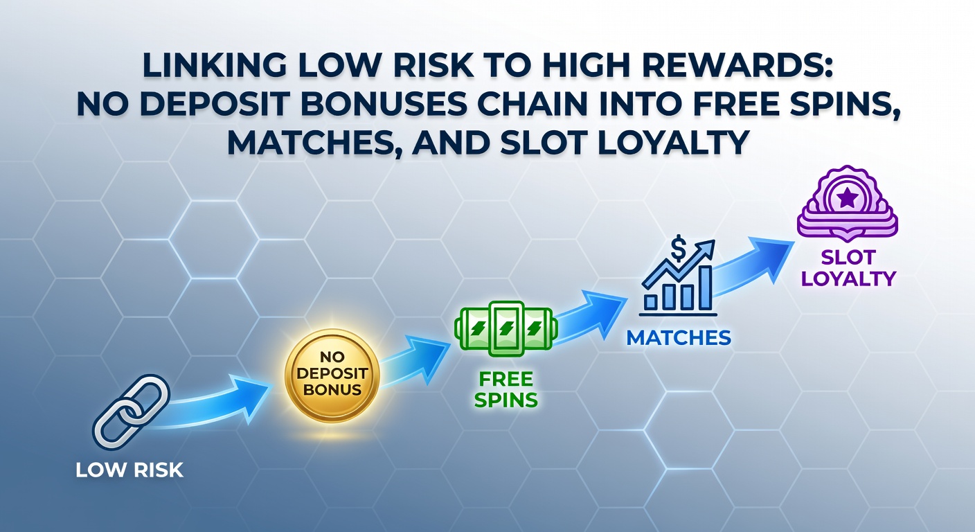 Dynamic graphic of a reward chain linking no-deposit icons to exploding free spins, deposit match multipliers, and ascending loyalty tiers on colorful slot reels