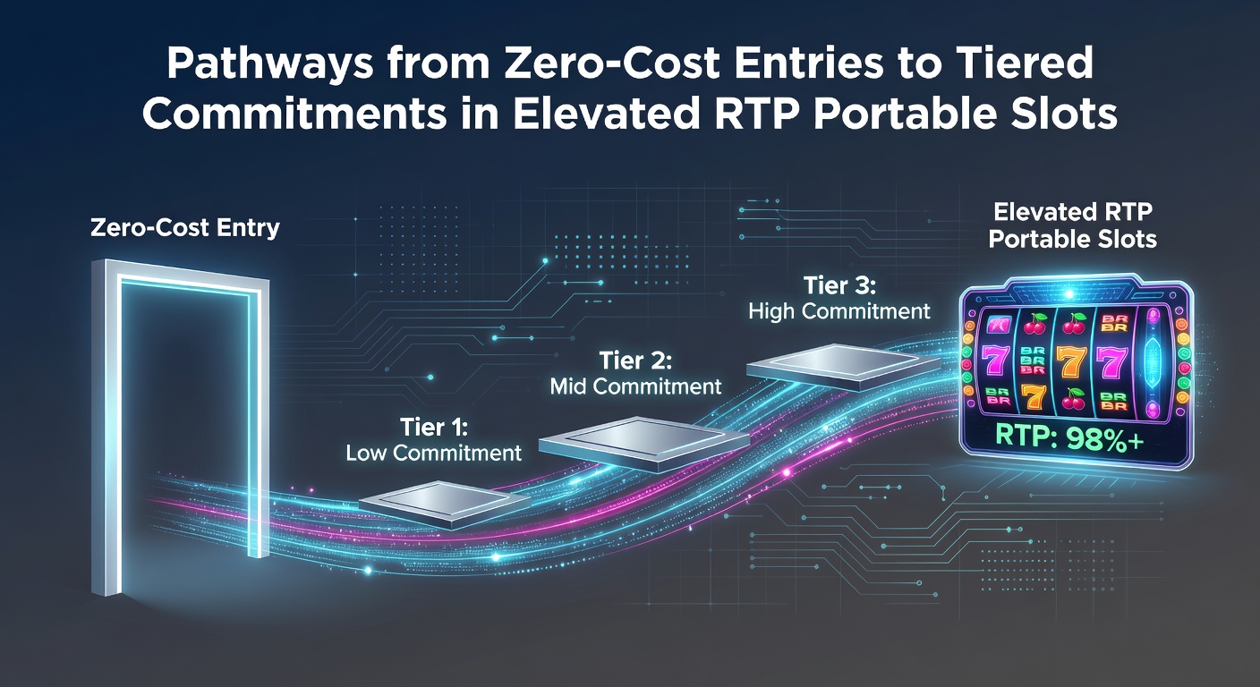 Illustration of mobile slot interfaces showing progression from no-deposit entries to tiered loyalty rewards with high RTP indicators