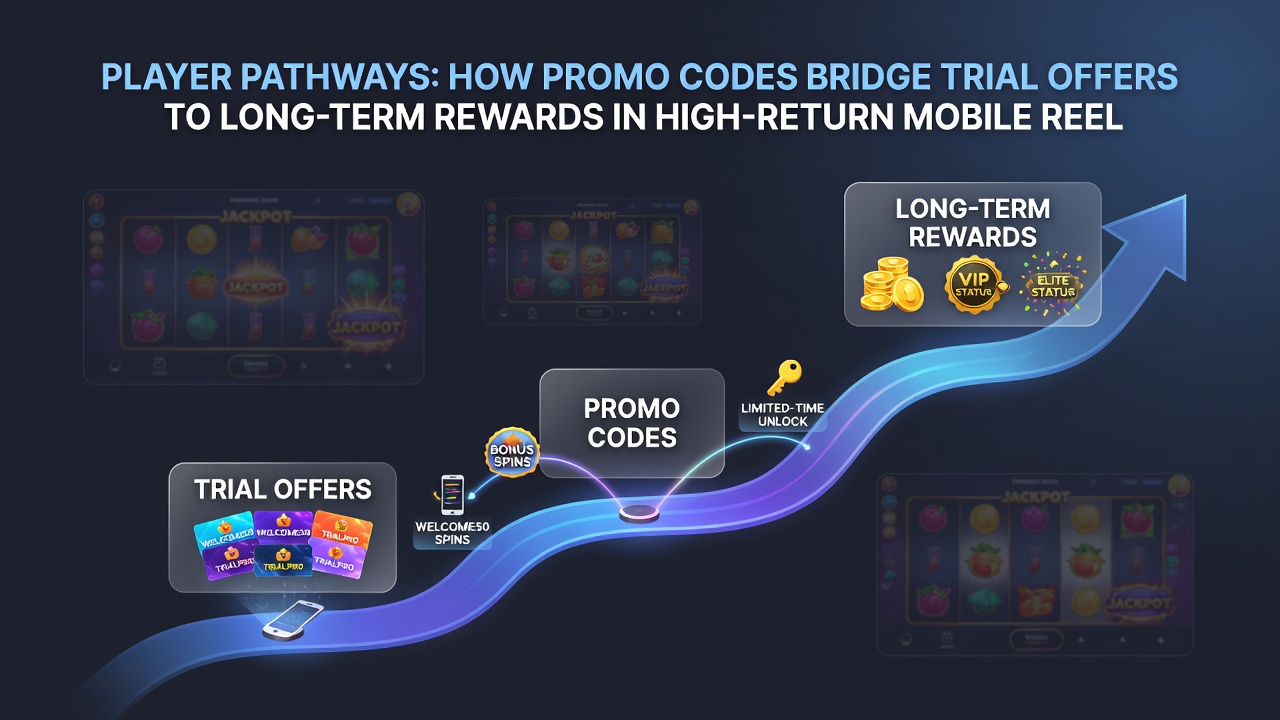 Progression chart showing player movement from trial offers through promo codes to loyalty rewards in mobile reels