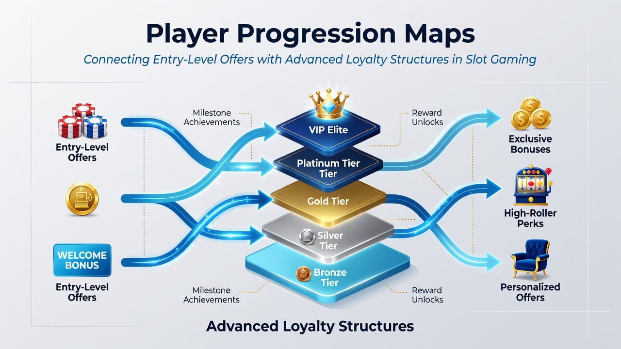 Diagram showing transition mechanics between entry-level bonuses and advanced loyalty rewards in slots