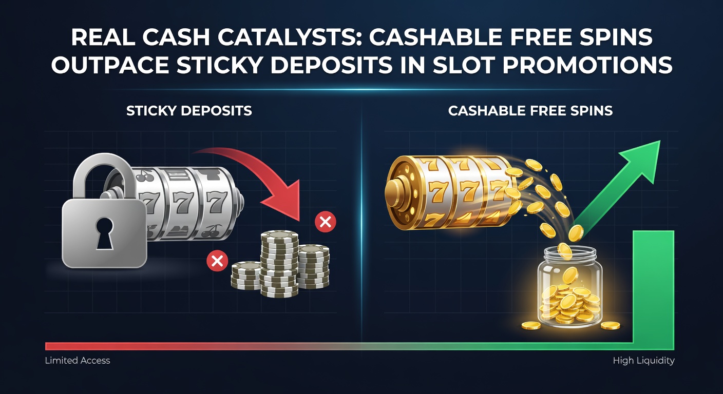 Comparative chart showing cashable free spins growth line soaring above declining sticky deposit bars, with slot icons and cash stacks in the background