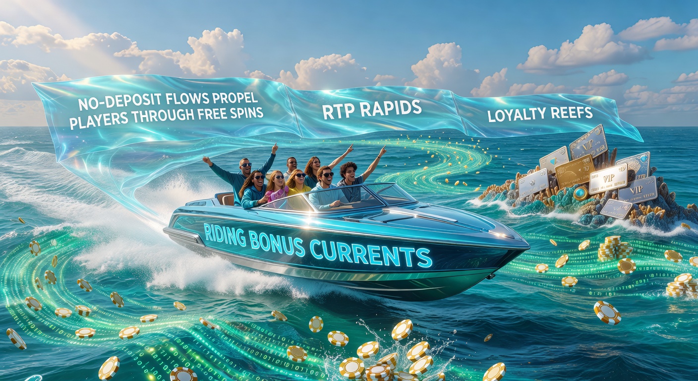 Vibrant digital illustration of slot reels merging with ocean currents, symbolizing no-deposit bonuses flowing into free spins and loyalty rewards