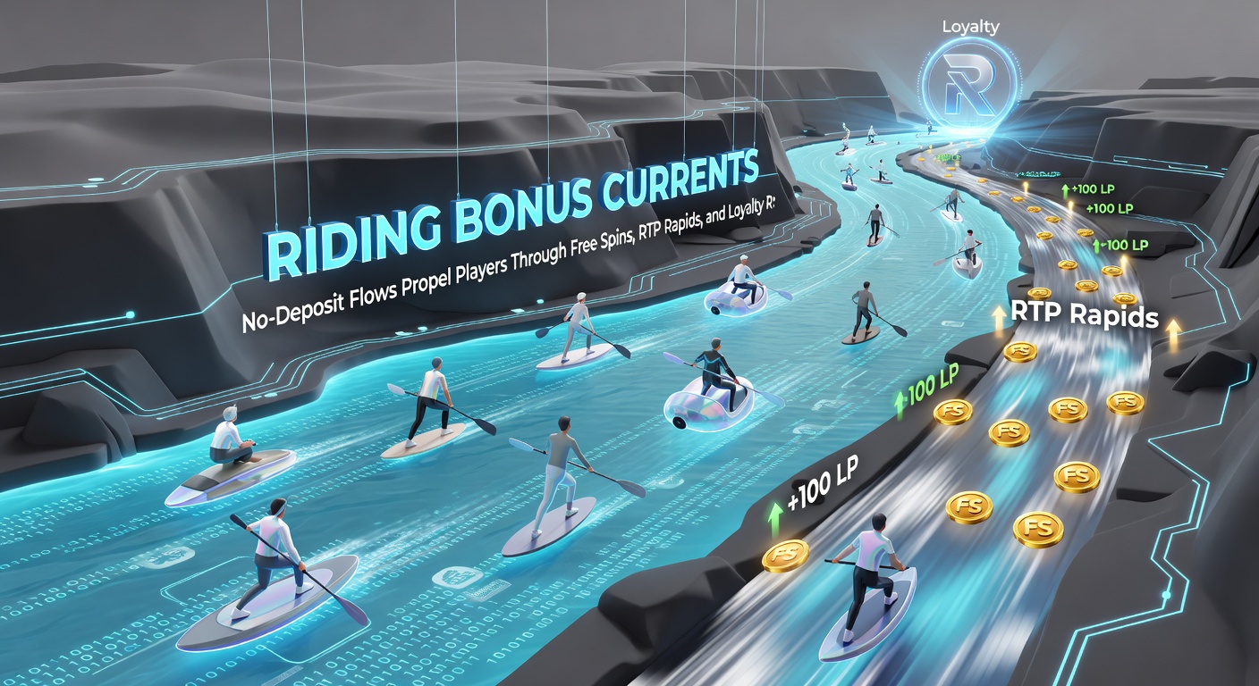 Dynamic graphic of slot symbols riding rapid currents toward RTP charts and loyalty tier icons, evoking progression from bonuses to sustained rewards