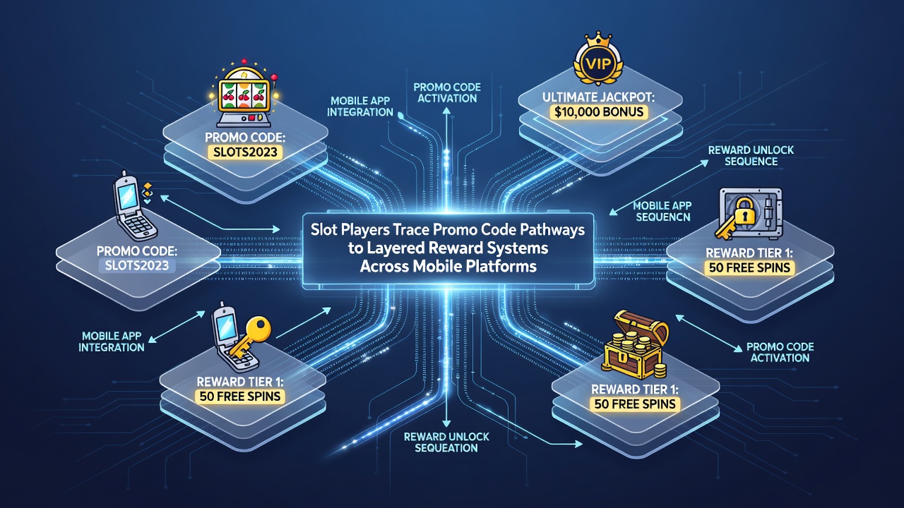 Infographic showing the flow of promo codes through mobile slot reward layers including spins, matches, and VIP escalations