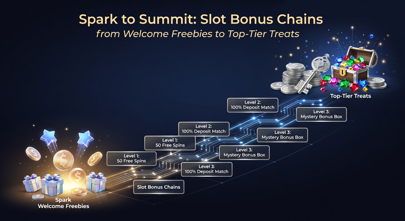 Dynamic graphic depicting a slot player navigating a winding bonus chain trail, from base camp freebies through reload mountains to VIP summit flags waving atop golden reels