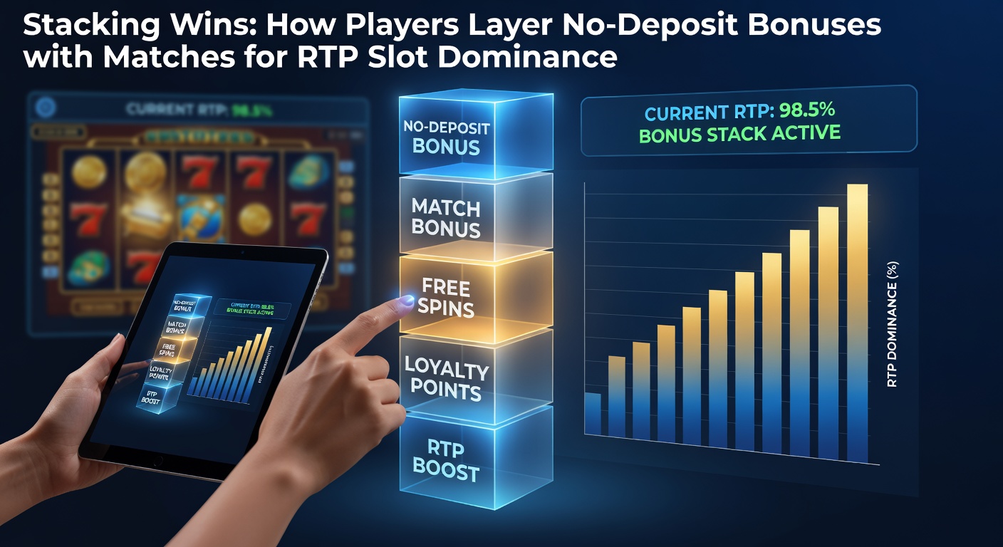 Illustration of layered slot bonuses building toward high RTP wins, showing stacked chips and spinning reels