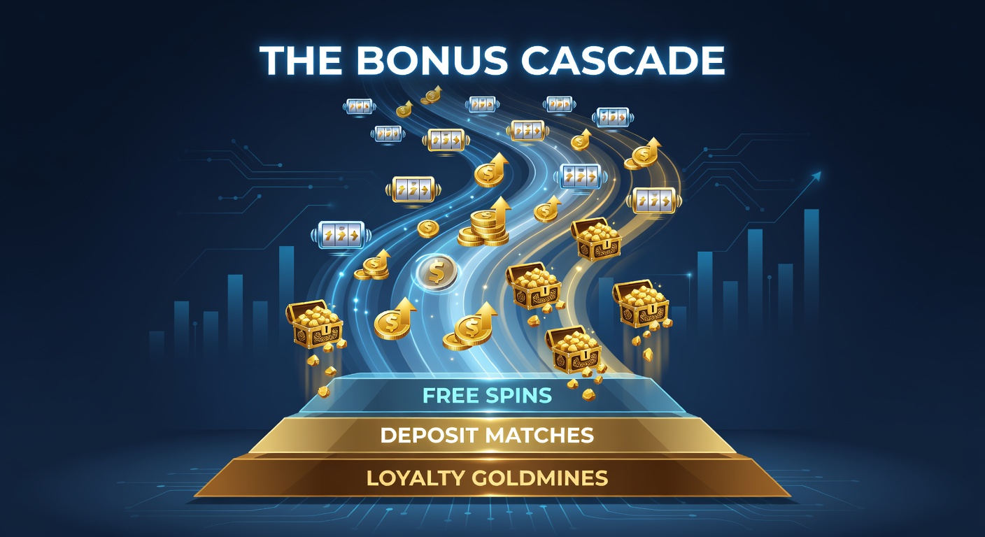 Vibrant illustration of cascading slot bonuses transforming free spins into deposit matches and loyalty rewards, with golden coins and spinning reels