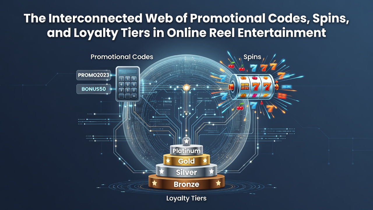 Illustration of loyalty tier ladder with promotional codes feeding into spin rewards and higher-level benefits