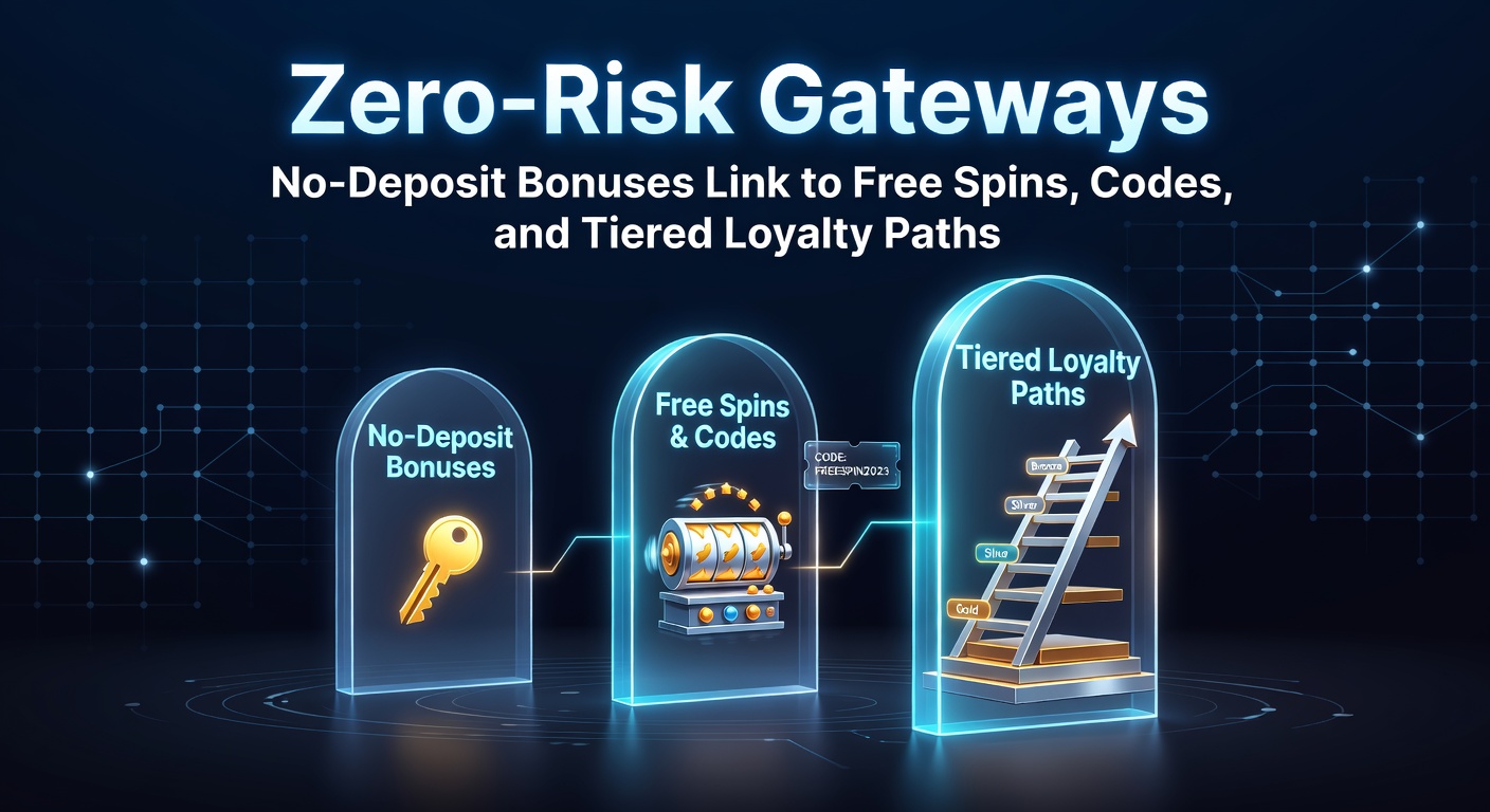 Illustration of a gateway opening to cascading slot reels, free spin icons, and ascending loyalty ladders in a vibrant casino theme